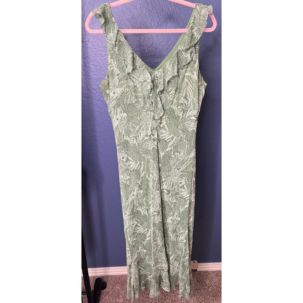 Jonathan Martin Studio Green Flounce Floral Midi Dress 100% Silk Ruffle Neck 12 - Picture 3 of 6